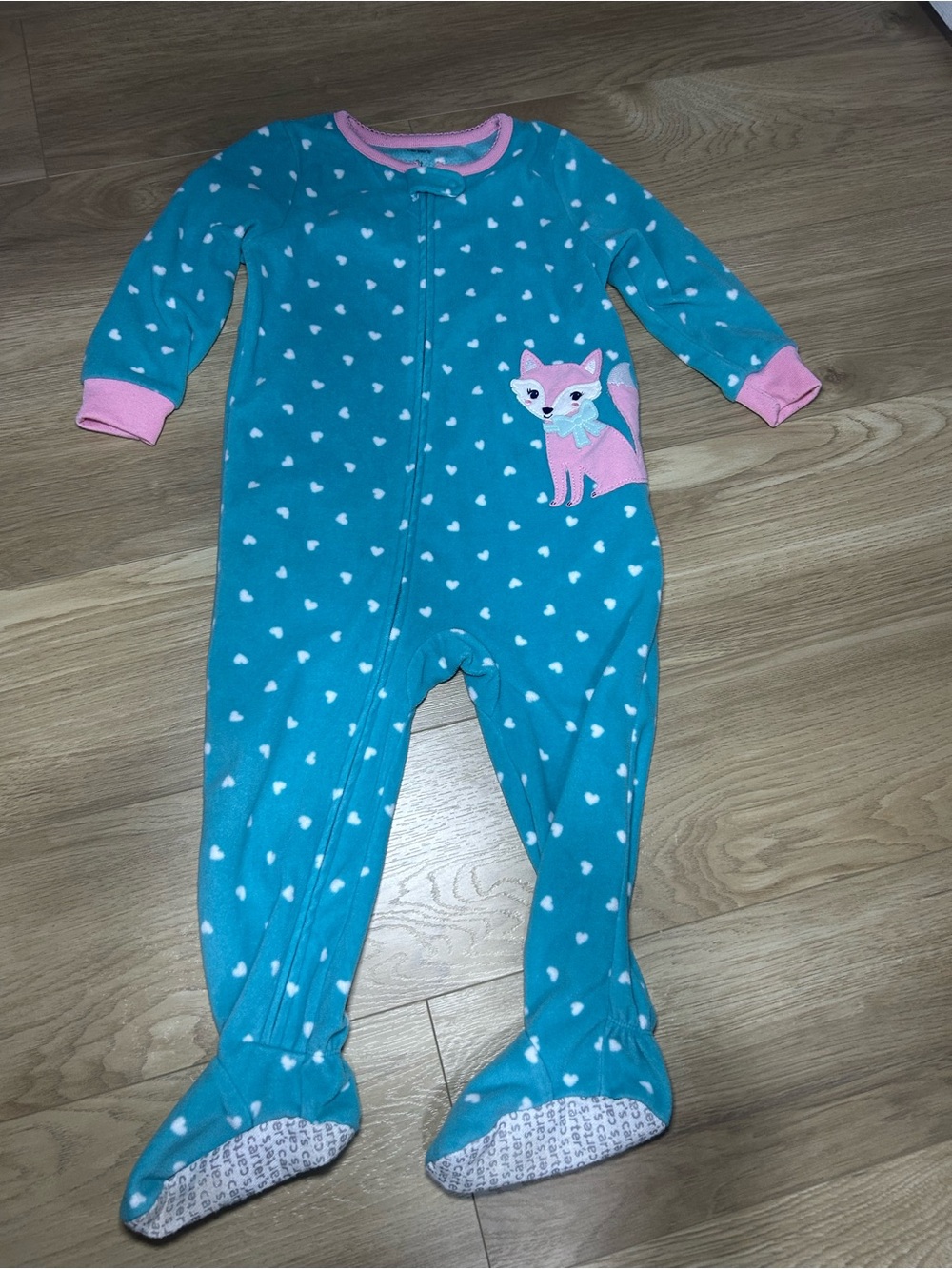 Carter's Teal Heart-Print Footed One-Piece with Pink Fox Accent